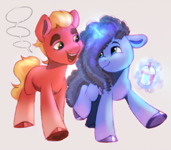 Size: 1652x1448 | Tagged: artist needed, source needed, safe, imported from derpibooru, sprout cloverleaf, earth pony, pony, unicorn, duo, duo male and female, female, g5, glowing, glowing horn, horn, looking at each other, looking at someone, magic, male, mare, misty brightdawn, mistyclover, open mouth, shipping, simple background, smiling, smoothie, speech bubble, stallion, straight, talking, telekinesis, that pony sure does love smoothies, walking