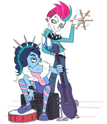 Size: 887x1024 | Tagged: safe, artist:beesinmyshoes, color edit, edit, imported from derpibooru, zipp storm, human, equestria girls, colored, drums, drumsticks, duo, emo, equestria girls-ified, g5, g5 to equestria girls, generation leap, guitar, misty brightdawn, musical instrument, rocker, simple background, white background