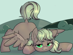 Size: 2501x1895 | Tagged: safe, artist:dumbwoofer, imported from derpibooru, oc, oc:forest air, pegasus, pony, ass up, blushing, dock, ear fluff, face down ass up, female, grass, grass field, hock fluff, lidded eyes, looking at you, mare, pegasus oc, presenting, raised tail, sky, smiling, smiling at you, solo, spread wings, tail, underhoof, wingboner, wings