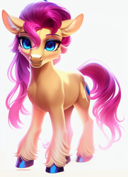 Size: 624x864 | Tagged: safe, imported from derpibooru, sunny starscout, earth pony, pony, ai content, ai generated, female, g5, mare, my little pony: a new generation, simple background, solo, unshorn fetlocks, white background, wrong cutie mark