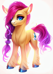 Size: 624x864 | Tagged: safe, imported from derpibooru, sunny starscout, earth pony, pony, ai content, ai generated, female, g5, mare, my little pony: a new generation, simple background, solo, unshorn fetlocks, white background, wrong cutie mark