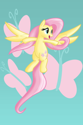 Size: 3600x5400 | Tagged: safe, artist:lxyacht, imported from derpibooru, fluttershy, butterfly, pegasus, pony, cutie mark, cutie mark background, female, flying, full body, long tail, mare, open mouth, simple background, solo, spread wings, tail, teal background, wings