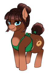 Size: 1672x2528 | Tagged: safe, artist:dibujito, imported from derpibooru, oc, oc only, oc:donut steam, earth pony, pony, apron, blue eyes, brown coat, brown mane, brown tail, clothes, earth pony oc, female, hair bun, lidded eyes, looking at you, mane, mare, pale belly, simple background, snip (coat marking), socks (coat markings), solo, tail, tail bun, white background