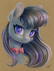 Size: 913x1200 | Tagged: safe, artist:maytee, imported from derpibooru, part of a set, octavia melody, earth pony, pony, bowtie, brown background, bust, colored pencil drawing, female, looking at you, mare, portrait, simple background, solo, traditional art