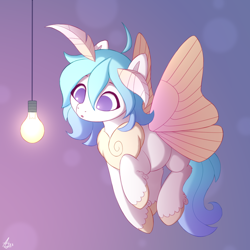 Size: 1000x1000 | Tagged: safe, artist:luminousdazzle, imported from derpibooru, oc, oc only, unnamed oc, bug pony, insect, moth, mothpony, original species, pony, antennae, behaving like a moth, butterfly wings, chest fluff, colored wings, curious, female, flying, gradient background, gradient mane, gradient wings, lamp, light, lightbulb, mare, no pupils, solo, unshorn fetlocks, wings