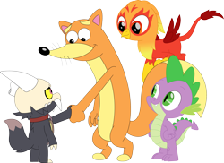 Size: 3567x2594 | Tagged: safe, artist:porygon2z, imported from derpibooru, spike, oc, oc:heatwave, dragon, fox, griffon, broken horn, chickub, collar, countershading, dora the explorer, griffon oc, horn, king clawthorne, pet tag, simple background, skull, swiper, the owl house, titan, transparent background, unmasked