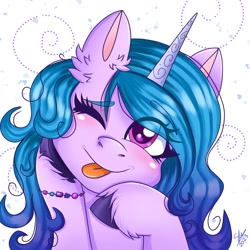 Size: 1280x1280 | Tagged: safe, artist:galaxy swirl, imported from derpibooru, izzy moonbow, pony, unicorn, spoiler:g5, ;p, bust, cute, g5, izzybetes, one eye closed, portrait, simple background, smiling, solo, tongue out, unshorn fetlocks, white background, wink