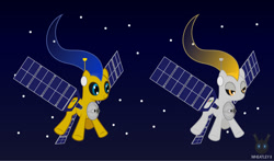 Size: 1223x719 | Tagged: safe, artist:wheatley r.h., derpibooru exclusive, imported from derpibooru, earth pony, object pony, original species, female, mare, ponified, satellite, satellite pony, smiling, solar battery, solo, space, stars, vector, watermark, zero gravity