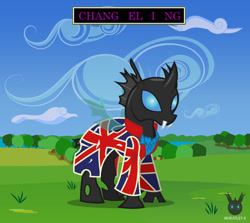 Size: 1112x994 | Tagged: safe, artist:wheatley r.h., derpibooru exclusive, imported from derpibooru, changeling, album parody, clothes, cloud, david bowie, grass, jacket, male, sky, smiling, solo, stallion, tree, union jack, vector, watermark