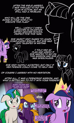 Size: 1920x3168 | Tagged: safe, artist:alexdti, imported from derpibooru, twilight sparkle, oc, oc:purple creativity, oc:star logic, alicorn, pegasus, pony, unicorn, comic:quest for friendship, bracelet, comic, crown, dialogue, ears back, eyebrows, female, folded wings, glasses, high res, hoof shoes, hooves, horn, jewelry, male, mare, one ear down, open mouth, pegasus oc, raised eyebrow, raised hoof, regalia, smiling, speech bubble, spread wings, stallion, standing, twilight sparkle (alicorn), two toned mane, underhoof, unicorn oc, wings