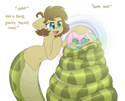 Size: 4300x3500 | Tagged: safe, artist:fluffyxai, imported from derpibooru, oc, oc only, oc:saria, oc:spectral wind, lamia, original species, pegasus, pony, snake, snake pony, blushing, coiling, coils, constriction, drool, head pat, hypno eyes, hypnosis, hypnotized, kaa eyes, pat, simple background, smiling, speech, swirly eyes, tail, talking, text, white background, wrapped up