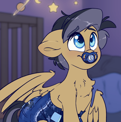 Size: 3468x3500 | Tagged: safe, alternate version, artist:fluffyxai, imported from derpibooru, oc, oc only, oc:moon sparks, pegasus, pony, chest fluff, diaper, diaper fetish, fetish, non-baby in diaper, pacifier, pegasus oc, solo