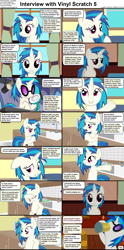 Size: 1282x2590 | Tagged: safe, imported from derpibooru, dj pon-3, vinyl scratch, pony, unicorn, comic:celestia's servant interview, caption, cider mug, covering eyes, cs captions, drinking, female, fire, fireplace, headphones, interview, kitchen, kitchen sink, looking at you, mare, mug, scrunchy face, solo, sunglasses, take that, text, turntable