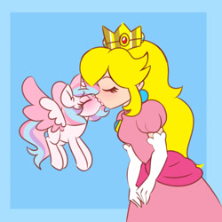 Size: 1280x1280 | Tagged: safe, artist:ladylullabystar, imported from derpibooru, oc, oc:lullaby star, alicorn, human, pony, alicorn oc, crossover, crossover shipping, eyes closed, female, horn, human female, kiss on the lips, kissing, lesbian, mare, princess peach, shipping, simple background, super mario bros., transparent background, wings