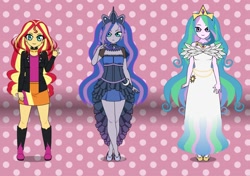 Size: 1158x816 | Tagged: safe, artist:julx_julz, imported from derpibooru, kotobukiya, princess celestia, princess luna, sunset shimmer, human, equestria girls, humanized, kisekae, kotobukiya princess celestia, kotobukiya princess luna, kotobukiya sunset shimmer, polka dot background, trio