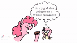 Size: 846x480 | Tagged: safe, artist:punkittdev, imported from derpibooru, fluttershy, pinkie pie, earth pony, pegasus, pony, animated, brownies, chomp, comic, comic dub, dialogue, drug use, drugs, duo, female, flutterhigh, food, forever weed brownie, high, mare, marijuana, speech bubble, thought bubble, tiktok, toy, voice acting, wat, webm