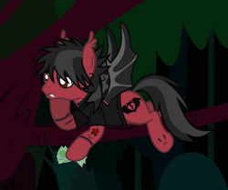 Size: 1935x1618 | Tagged: safe, artist:lightningbolt, derpibooru exclusive, imported from derpibooru, bat pony, pony, the mean 6, .svg available, annoyed, bags under eyes, bat wings, clone, clothes, ear fluff, evil clone, eyeliner, fall out boy, fangs, lidded eyes, lying down, makeup, male, messy mane, messy tail, money, outdoors, pete wentz, ponified, prone, shirt, solo, spread wings, stallion, svg, t-shirt, tail, tattoo, tree, tree branch, vector, wings