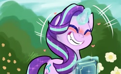 Size: 1103x671 | Tagged: safe, artist:lynuscattips, imported from derpibooru, starlight glimmer, pony, unicorn, memnagerie, spoiler:memnagerie, female, glow, glowing horn, grin, horn, scene interpretation, smiling, solo
