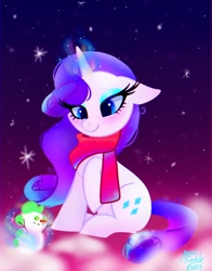 Size: 804x1024 | Tagged: safe, artist:petaltwinkle, imported from derpibooru, rarity, pony, unicorn, clothes, implied shipping, implied sparity, implied spike, implied straight, scarf, sitting, smiling, snowman, solo