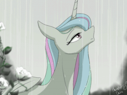 Size: 640x480 | Tagged: safe, artist:hauntedtuba, imported from derpibooru, princess celestia, alicorn, pony, animated, blinking, female, gif, looking up, loop, mare, missing accessory, rain, solo