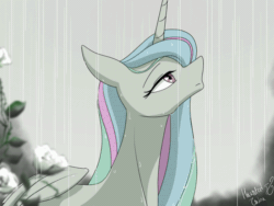 Size: 700x525 | Tagged: safe, artist:hauntedtuba, imported from derpibooru, princess celestia, alicorn, pony, animated, blinking, female, gif, looking up, loop, mare, missing accessory, rain, solo
