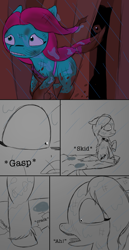 Size: 1800x3500 | Tagged: safe, artist:the crystal artist, derpibooru exclusive, imported from derpibooru, bear, earth pony, pony, series:bunny pipp, cliff, cliffhanger, comic, context in description, cracking, dark, duo, duo female, female, forest, g5, gasp, gasping, jazz hooves, messy mane, muddy hooves, open mouth, panels, pinpoint eyes, rain, running, running away, scared, scratches, shadow, shocked, shocked expression, silhouette, skidding, story included, text, wet, wet mane