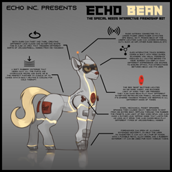 Size: 3000x3000 | Tagged: safe, artist:nsilverdraws, imported from derpibooru, oc, oc only, oc:echo bean, earth pony, pony, robot, robot pony, antenna, fidget spinner, glow, gradient background, high res, reflection, solo, standing, tail, technology, text