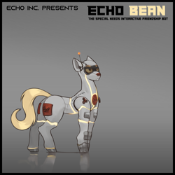Size: 3000x3000 | Tagged: safe, alternate version, artist:nsilverdraws, imported from derpibooru, oc, oc only, oc:echo bean, earth pony, pony, robot, robot pony, antenna, fidget spinner, glow, gradient background, high res, reflection, solo, standing, tail, technology, text
