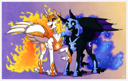 Size: 1600x1015 | Tagged: safe, artist:inuhoshi-to-darkpen, imported from derpibooru, daybreaker, nightmare moon, alicorn, pony, armor, bat wings, blue eyes, crown, cute, digital art, duo, ear fluff, evil sisters, eyelashes, eyeshadow, fangs, feather, female, gem, helmet, hoof shoes, horn, jewelry, leg fluff, lidded eyes, looking at each other, looking at someone, makeup, mare, nicemare moon, open mouth, open smile, peytral, raised hoof, regalia, siblings, simple background, sisters, smiling, smiling at each other, spread wings, teeth, unshorn fetlocks, wing armor, wing fluff, wings, yellow eyes