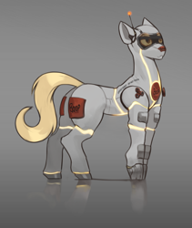 Size: 1964x2325 | Tagged: safe, alternate version, artist:nsilverdraws, edit, imported from derpibooru, oc, oc only, oc:echo bean, earth pony, pony, robot, robot pony, antenna, fidget spinner, glow, gradient background, high res, nudity, reflection, solo, standing, tail, technology