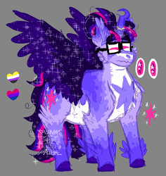 Size: 1700x1800 | Tagged: safe, artist:punkpride, imported from twibooru, twilight sparkle, alicorn, pony, alternate design, glasses, gray background, image, obtrusive watermark, png, pride flag, redesign, simple background, solo, twilight sparkle (alicorn), twitterina design, watermark