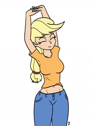 Size: 1600x2200 | Tagged: safe, artist:mkogwheel, imported from derpibooru, applejack, human, arms in the air, belly button, breasts, busty applejack, clothes, denim, eyes closed, female, hatless, humanized, jeans, midriff, missing accessory, pants, simple background, smiling, solo, stretching, white background