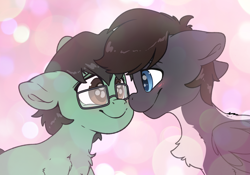 Size: 6000x4200 | Tagged: safe, artist:fluffyxai, imported from derpibooru, oc, oc:jimpy, oc:tenerius, earth pony, pony, skunk, skunk pony, blushing, chest fluff, commission, earth pony oc, glasses, looking at each other, looking at someone, smiling, your character here