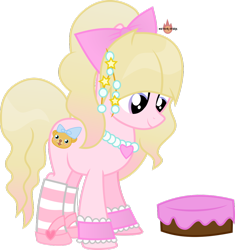 Size: 1024x1090 | Tagged: dead source, safe, artist:meteor-spark, imported from derpibooru, oc, oc only, oc:lolita, cat, earth pony, blonde, blonde mane, blonde tail, bow, bracelet, cake, clip, clothes, commission, earth pony oc, female, food, frills, frosting, gradient mane, gradient tail, hair bow, hairpin, happy, heart, jewelry, lightly watermarked, looking down, mare, necklace, pearl necklace, purple eyes, simple background, smiling, socks, solo, source in the description, striped socks, tail, transparent background, watermark