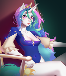 Size: 1676x1920 | Tagged: safe, artist:ambrysic, imported from derpibooru, princess celestia, alicorn, anthro, belly button, big eyes, breasts, cleavage, clothes, crown, ears, eyebrows, eyelashes, female, high-cut clothing, hips, horn, jewelry, leotard, lips, multicolored hair, multicolored tail, nostrils, puckered lips, regalia, short sleeves, sitting, skintight clothes, solo, tail, thighs, throne, unicorn horn