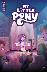 Size: 2063x3131 | Tagged: safe, artist:gigi dutreix, idw, imported from derpibooru, pipp petals, pegasus, pony, spoiler:comic, spoiler:g5comic, spoiler:g5comic16, :<, audience, cheering, coat markings, comic cover, crowd, crown, diadem, excited, eyebrows, eyes closed, female, frown, g5, headband, high res, jewelry, mare, microphone, my little pony logo, official, official comic, open mouth, open smile, partially open wings, regalia, signature, smiling, socks (coat markings), spotlight, unshorn fetlocks, wings