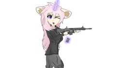 Size: 3840x2160 | Tagged: safe, artist:straighttothepointstudio, imported from derpibooru, oc, oc only, oc:pekira, anthro, unicorn, 4k, angry, anime, anthro oc, armor, assault rifle, clothes, digital art, ear fluff, eyebrows, female, frown, g5, glowing, glowing horn, gun, high res, horn, human facial structure, jacket, levitation, long hair, looking at you, magazine, magic, magic aura, one eye closed, open mouth, pants, pink hair, purple eyes, reloading, rifle, simple background, solo, telekinesis, transparent background, unicorn oc, walking, weapon, wrinkles, yelling