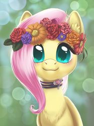 Size: 2173x2898 | Tagged: safe, artist:taytinabelle, imported from derpibooru, fluttershy, pegasus, pony, :3, backlighting, blur disk effect, blurry background, blushing, bust, chest fluff, choker, cute, ear fluff, female, floral head wreath, flower, happy, jewelry, lighting, looking at you, mare, necklace, shading, shyabetes, smiling, solo