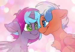 Size: 6000x4200 | Tagged: safe, artist:fluffyxai, imported from derpibooru, oc, oc only, oc:cloud twist, oc:flaming spark, alicorn, bat pony, bat pony alicorn, pegasus, pony, bat pony oc, bat wings, blushing, horn, looking at each other, looking at someone, pegasus oc, shipping, smiling, wings