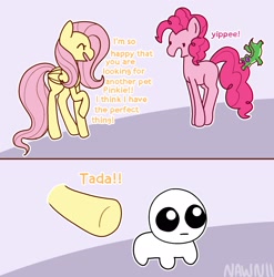 Size: 1884x1906 | Tagged: safe, artist:nawnii, imported from derpibooru, fluttershy, gummy, pinkie pie, alligator, earth pony, pegasus, pony, autism creature, comic, dialogue, eyes closed, happy, pet, pronking, yippee