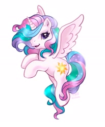 Size: 1988x2408 | Tagged: safe, artist:peachmichea, imported from derpibooru, princess celestia, alicorn, pony, flying, g3, g4, g4 to g3, generation leap, hair over one eye, looking at you, open mouth, open smile, simple background, smiling, solo, white background