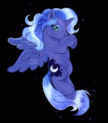Size: 1886x2164 | Tagged: safe, artist:peachmichea, imported from derpibooru, princess luna, alicorn, pony, black background, flying, g3, g4, g4 to g3, generation leap, looking at you, simple background, solo, spread wings, wings