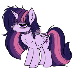 Size: 2700x2700 | Tagged: safe, artist:cutiesparke, imported from derpibooru, twilight sparkle, alicorn, pony, descended twilight, accessory, alternate hairstyle, bags under eyes, chest fluff, choker, collar, ear fluff, ear piercing, earring, goth, hoof heart, jewelry, leg fluff, lightly watermarked, messy mane, piercing, simple background, solo, transparent background, twilight sparkle (alicorn), unamused, watermark, wing fluff, wings