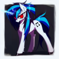 Size: 3072x3072 | Tagged: safe, editor:v, imported from derpibooru, dj pon-3, vinyl scratch, pony, unicorn, ai assisted, ai content, chest fluff, ear fluff, female, generator:purplesmart.ai, generator:stable diffusion, glowing, glowing horn, horn, looking at you, mare, red eyes, solo