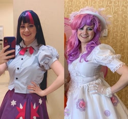 Size: 2289x2121 | Tagged: safe, artist:sarahndipity cosplay, imported from derpibooru, sweetie belle, twilight sparkle, human, equestria girls, cellphone, clothes, cosplay, costume, everfree northwest 2019, grin, irl, irl human, phone, photo, smiling