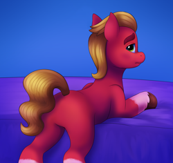 Size: 2384x2252 | Tagged: safe, artist:malarkey, imported from derpibooru, sprout cloverleaf, earth pony, pony, blushing, butt, g5, male, missing cutie mark, plot, shy, solo, stallion