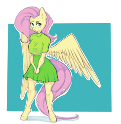Size: 2944x3000 | Tagged: safe, artist:ranillopa, imported from derpibooru, fluttershy, anthro, pegasus, unguligrade anthro, breasts, busty fluttershy, clothes, eyelashes, female, full body, high res, looking at you, mare, partially open wings, passepartout, skirt, solo, wings