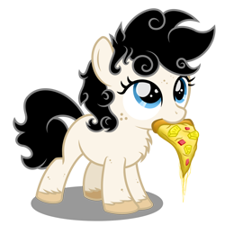 Size: 1600x1600 | Tagged: safe, artist:pizzamovies, imported from derpibooru, oc, oc only, oc:sugar slice, earth pony, cheese, chest fluff, earth pony oc, female, filly, foal, food, pineapple pizza, pizza, simple background, solo, transparent background, unshorn fetlocks