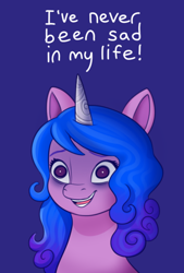 Size: 558x824 | Tagged: safe, artist:malarkey, imported from derpibooru, izzy moonbow, pony, unicorn, bags under eyes, blatant lies, blue background, bust, female, g5, mare, simple background, solo, text