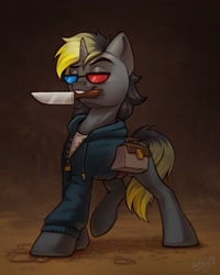 Size: 1755x2197 | Tagged: safe, artist:amishy, imported from derpibooru, oc, oc only, pony, unicorn, 3d glasses, bag, clothes, hoodie, horn, knife, male, mouth hold, saddle bag, solo, stallion, unicorn oc